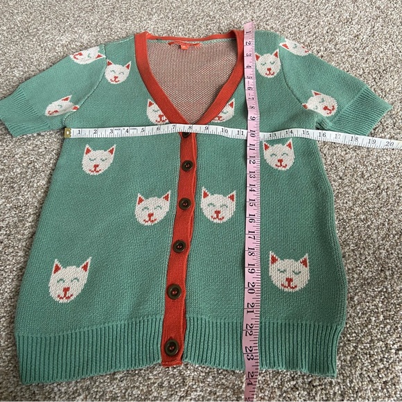 ModCloth 😻 Cat Cardigan 100% Cotton Green Teal with Orange White Accents Kitty S - Picture 9 of 10